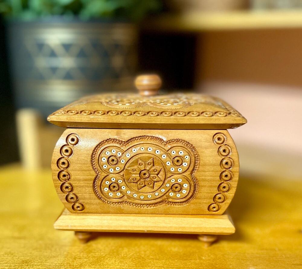 Vintage Ukrainian Hutsul Hand Carved Wooden Trinket Box